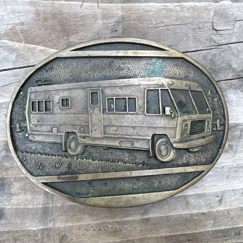 RV Belt Buckle Camper Camping # 1st Edition Brass Vtg Award Design Medals